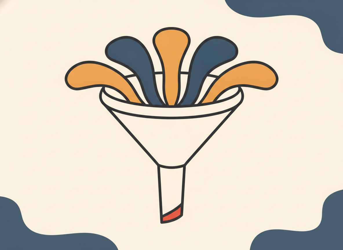 abstract illustration of a funnel with multiple entry points leading to one central point, minimal style