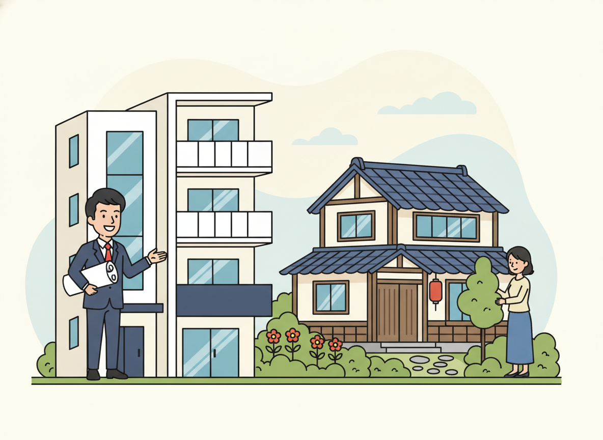 two houses side by side, one is a modern rental apartment, one is a traditional owned home with garden, soft natural light