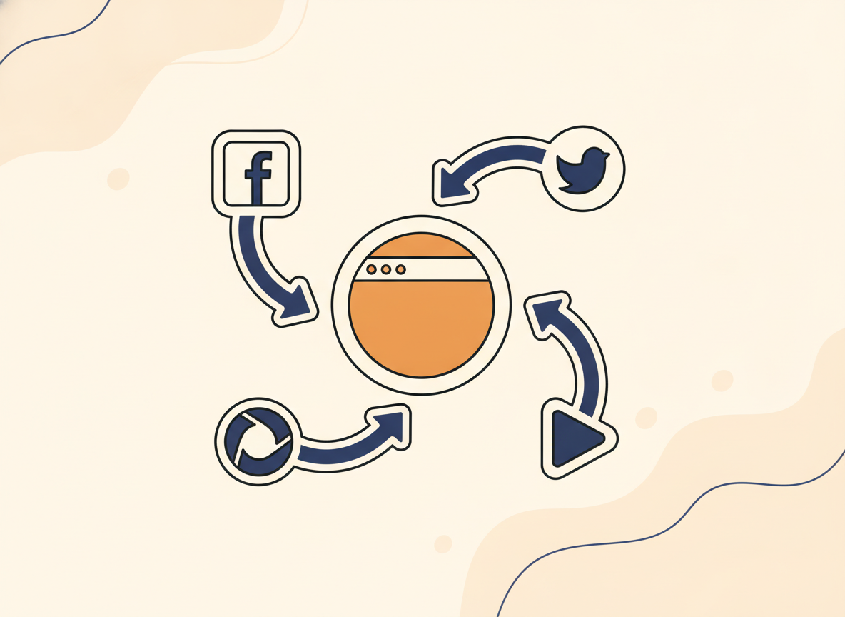 a simple diagram showing arrows flowing from social media icons toward a central website symbol, abstract flat design