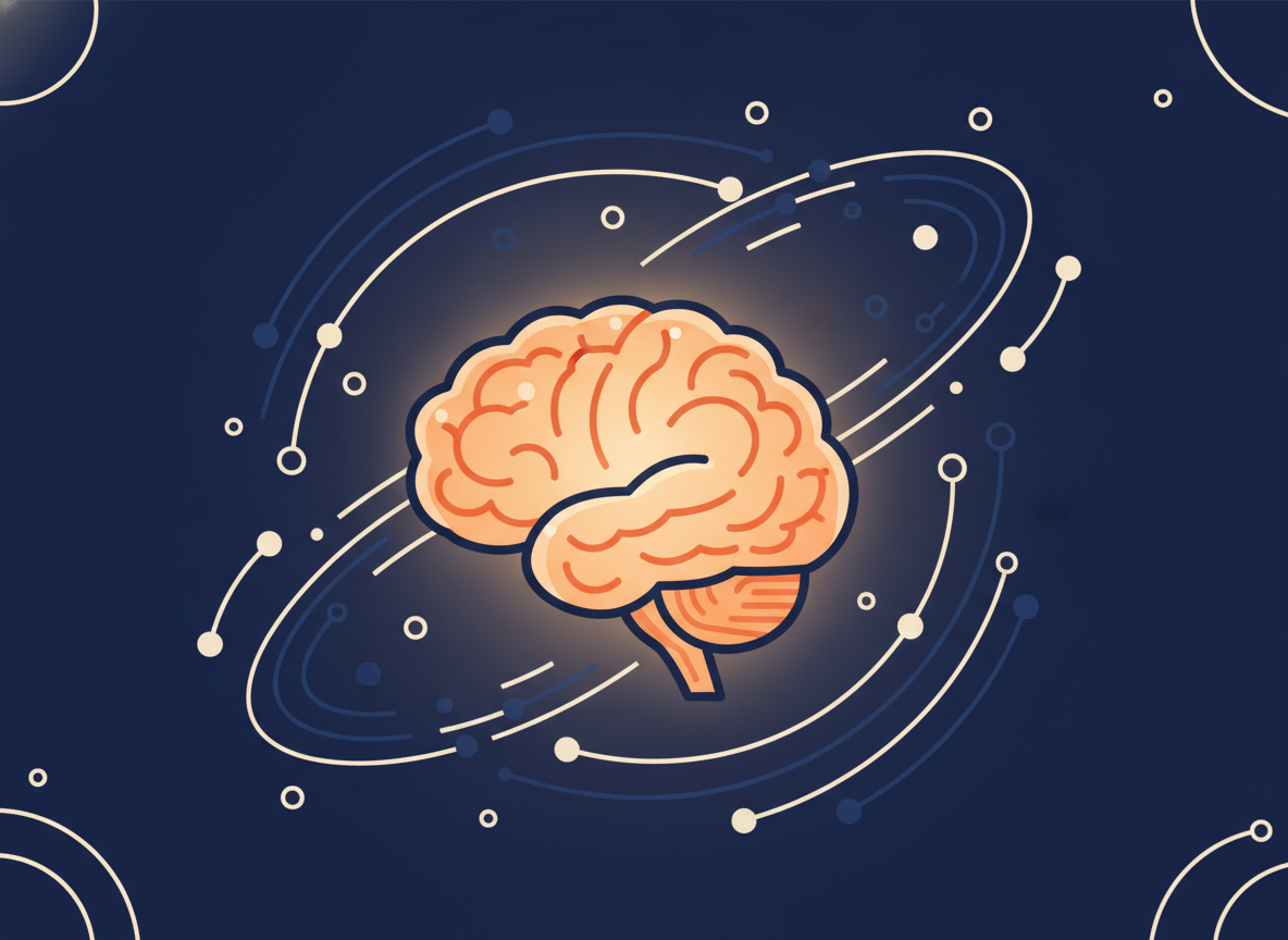a glowing abstract AI brain surrounded by flowing data streams, dark background, digital art style