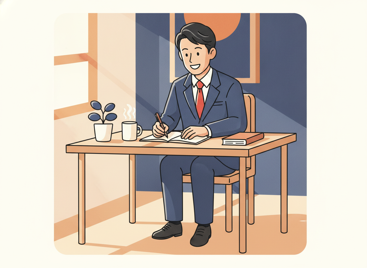 a person sitting at a simple wooden desk in morning light, writing with focus, calm atmosphere