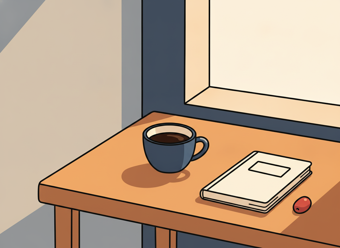 a warm wooden desk with a cup of coffee and notebook, soft morning light, cozy atmosphere