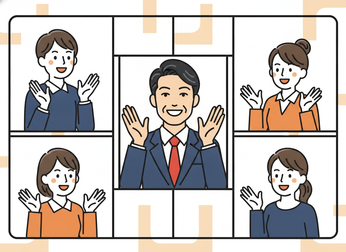a group of people in a bright online meeting, smiling and engaged, warm and professional atmosphere