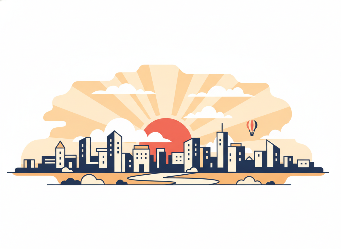 a calm sunrise over a city skyline with soft orange and blue tones, wide panoramic view