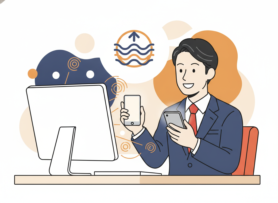 SWELLのレビュー・評判まとめのイメージ・スマホとPCで表示を確認している人物