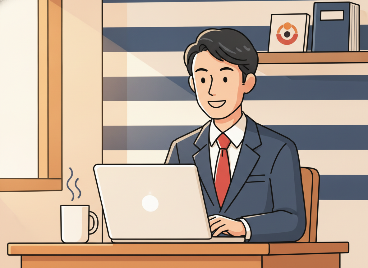 a person sitting at a wooden desk in morning light, looking at a laptop with a calm expression