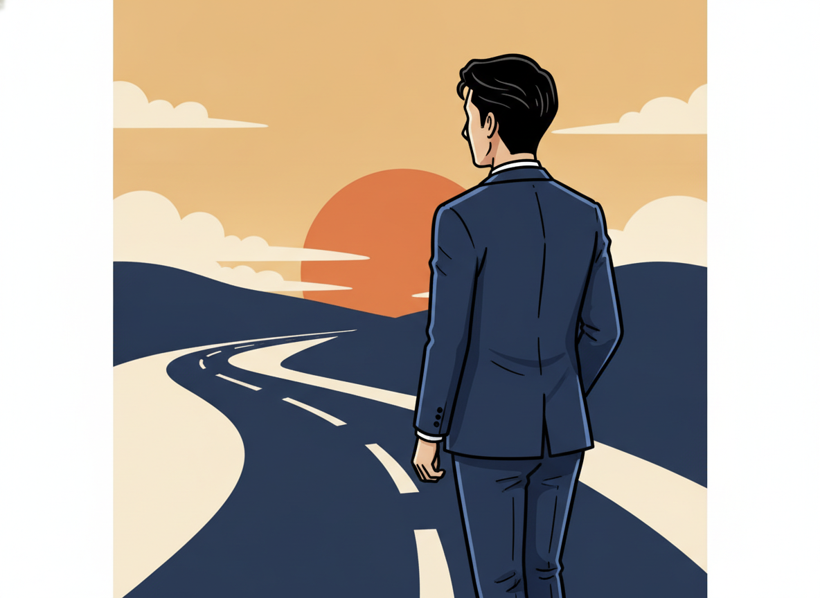 a middle-aged person walking on a quiet road at sunrise, viewed from behind