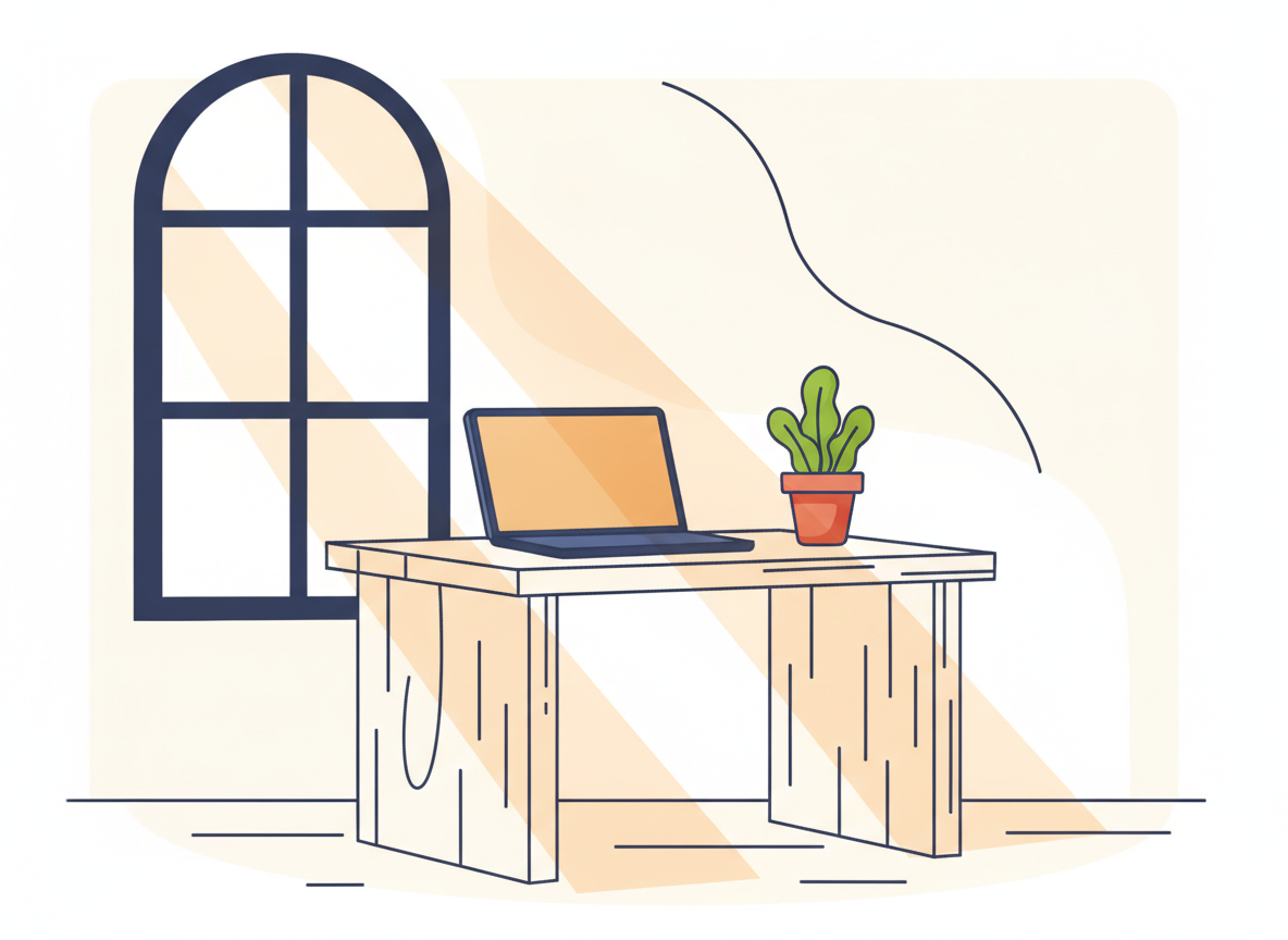 a simple wooden desk with a laptop and a small plant, morning light coming through a window
