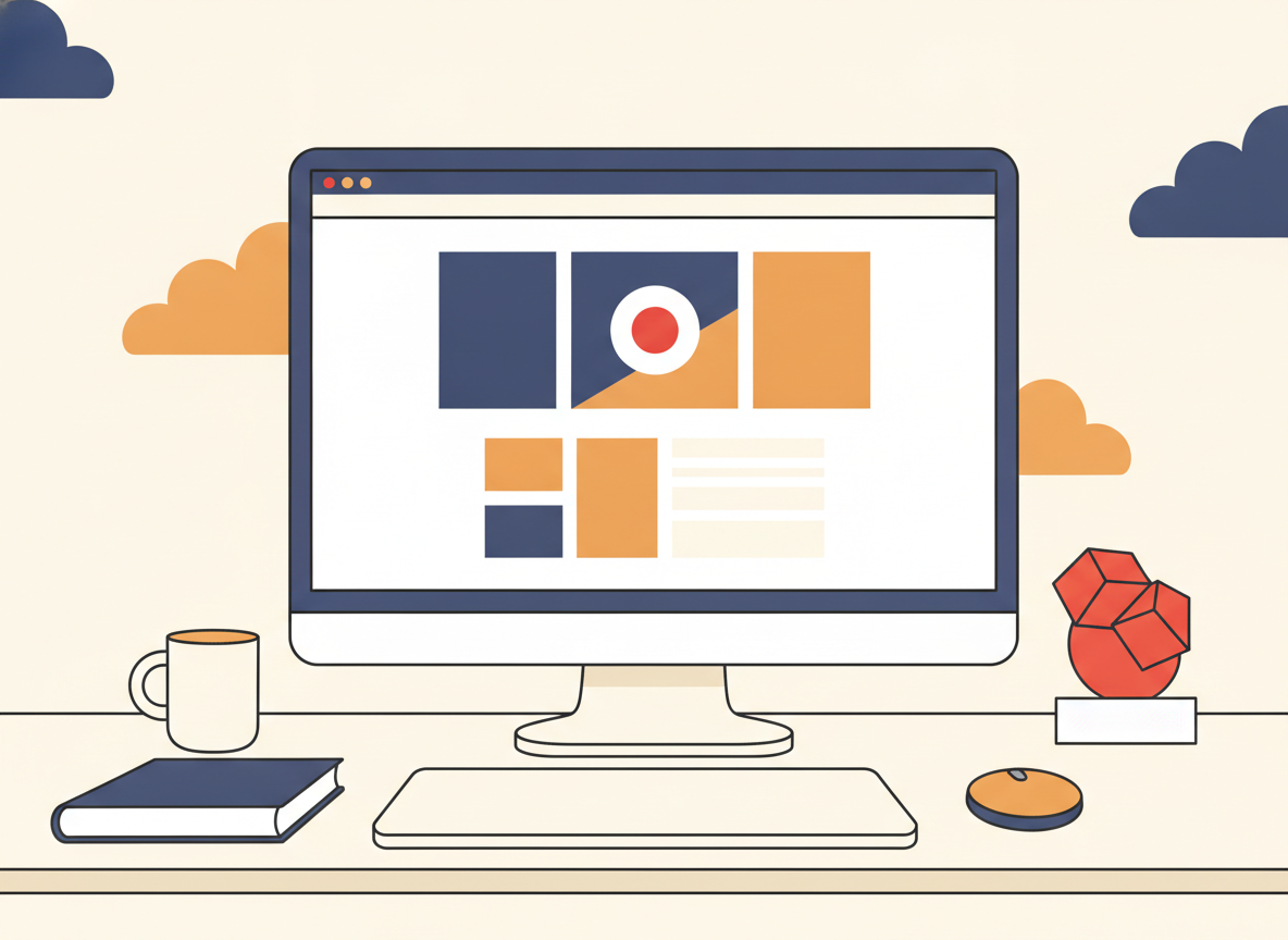 a clean minimal workspace with a monitor showing a bright website design, no text visible