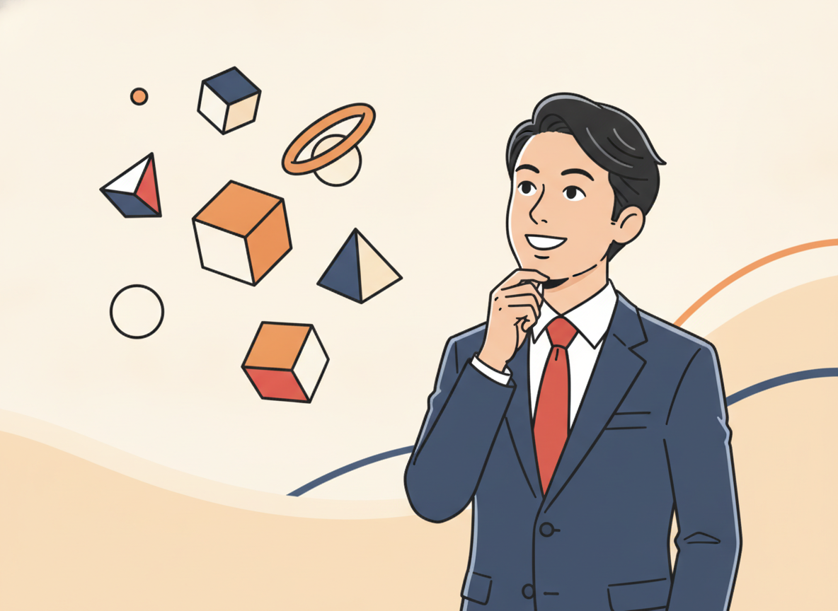 a person with a thoughtful expression looking at abstract geometric shapes floating in the air