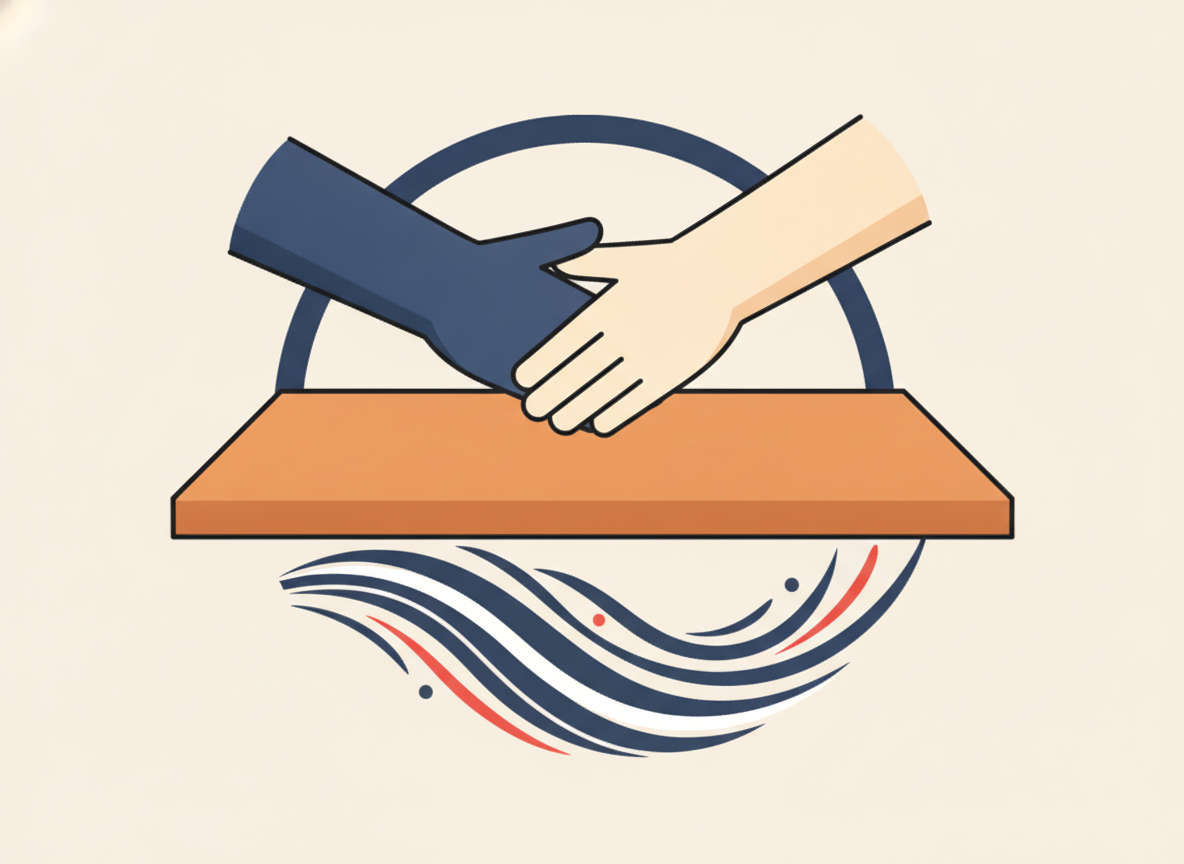 two hands reaching toward each other over a wooden table, abstract cooperation image