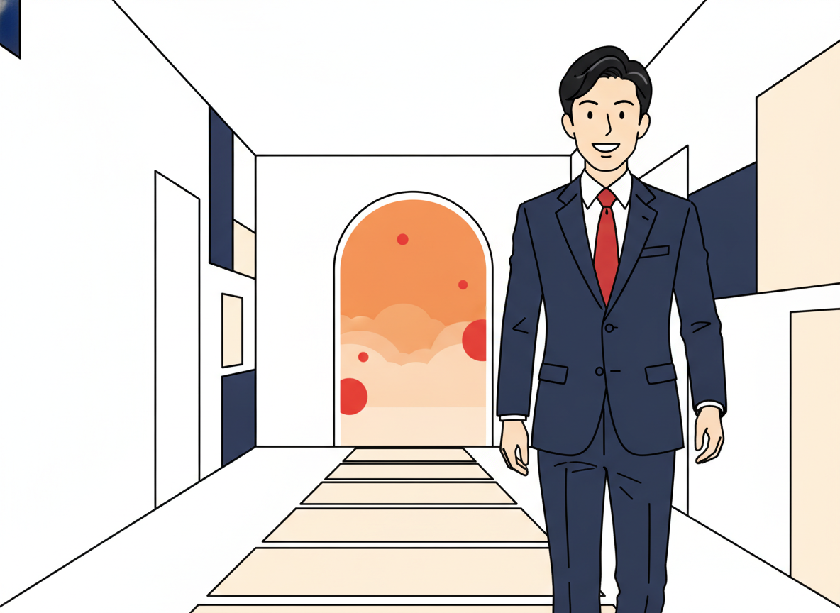 a path leading to a bright open door in a minimal white hallway, abstract representation