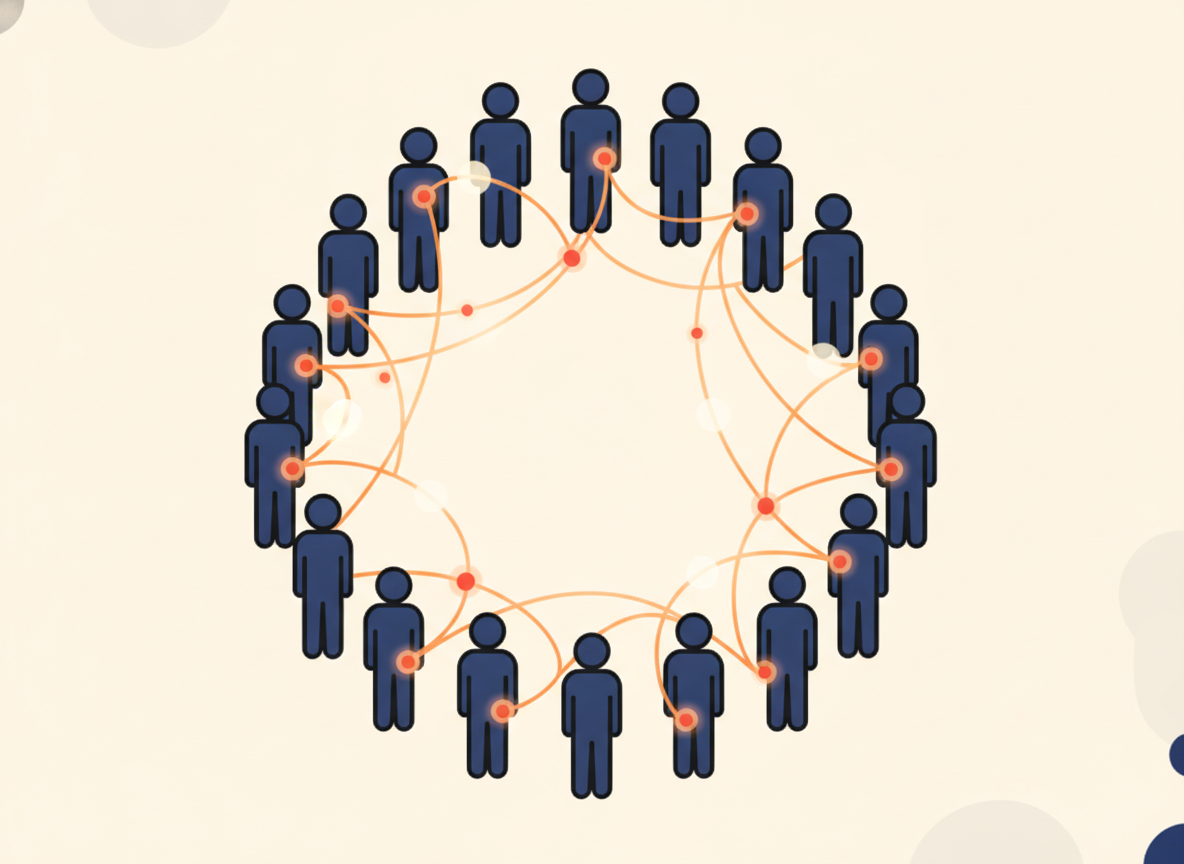 a group of silhouettes in a circle connected by glowing lines, abstract network visualization