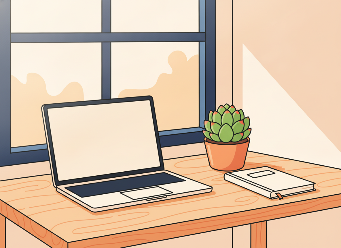 a tidy wooden desk with a laptop, a notebook, and a small succulent plant, morning atmosphere