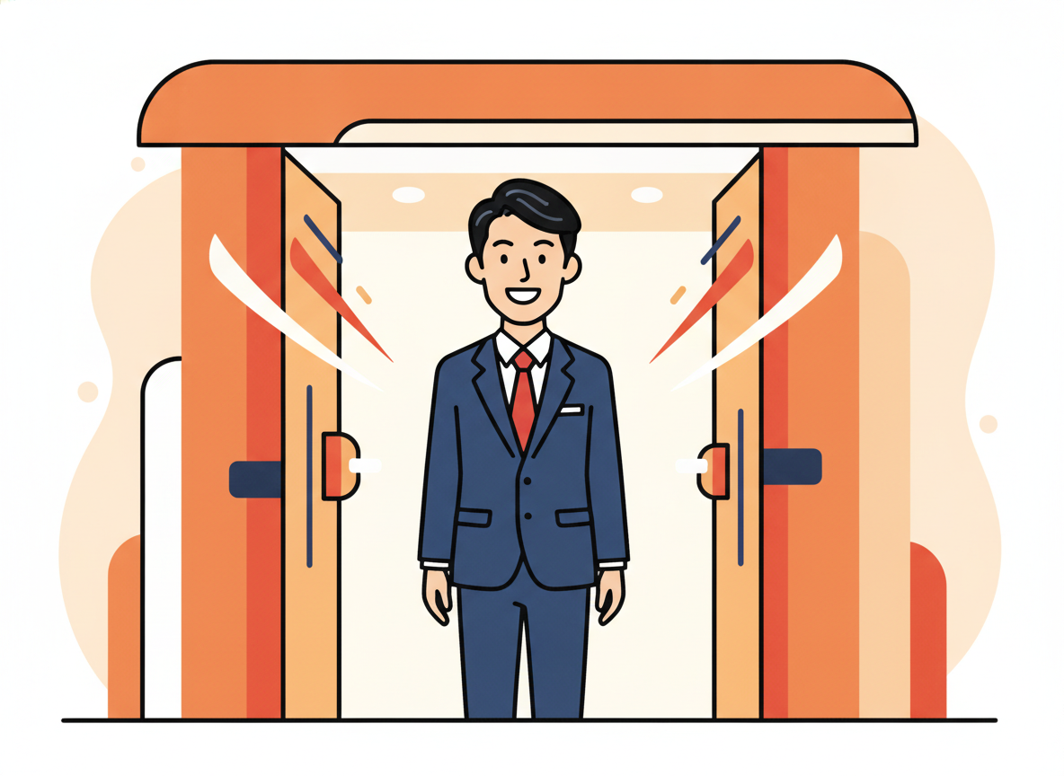 a person standing at the entrance of a bright building, looking forward, abstract warm tones