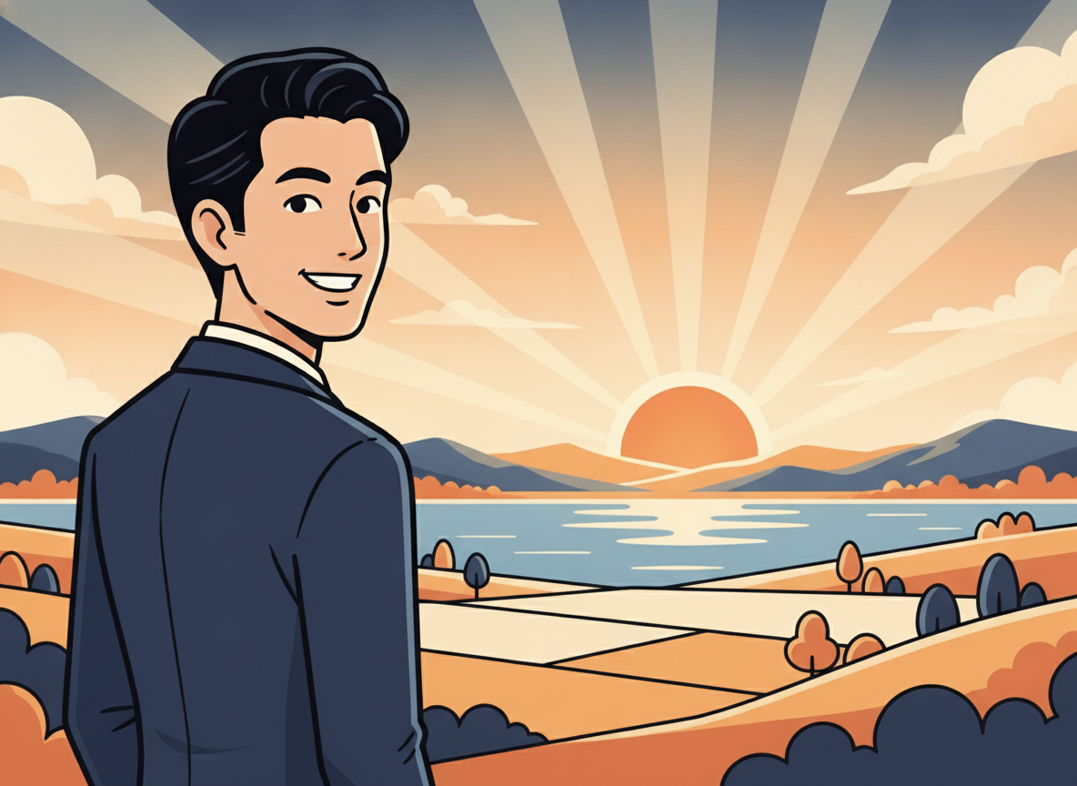 a person looking out at a calm open landscape at sunrise, peaceful and forward-looking
