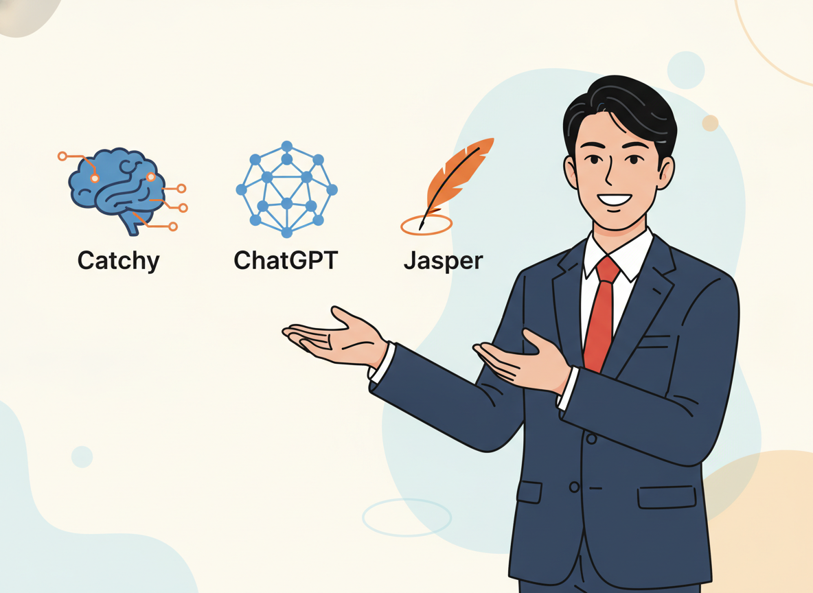 Catchy・ChatGPT・Jasper・Canva Magic Writeなどを並べた比較イメージ