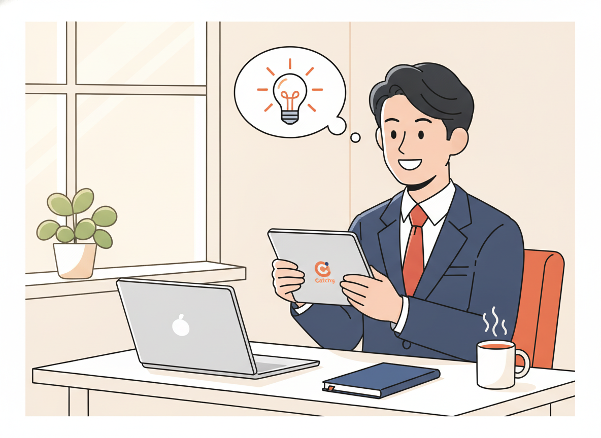 朝のデスクでCatchyを使って広告文を作っている経営者のイメージ