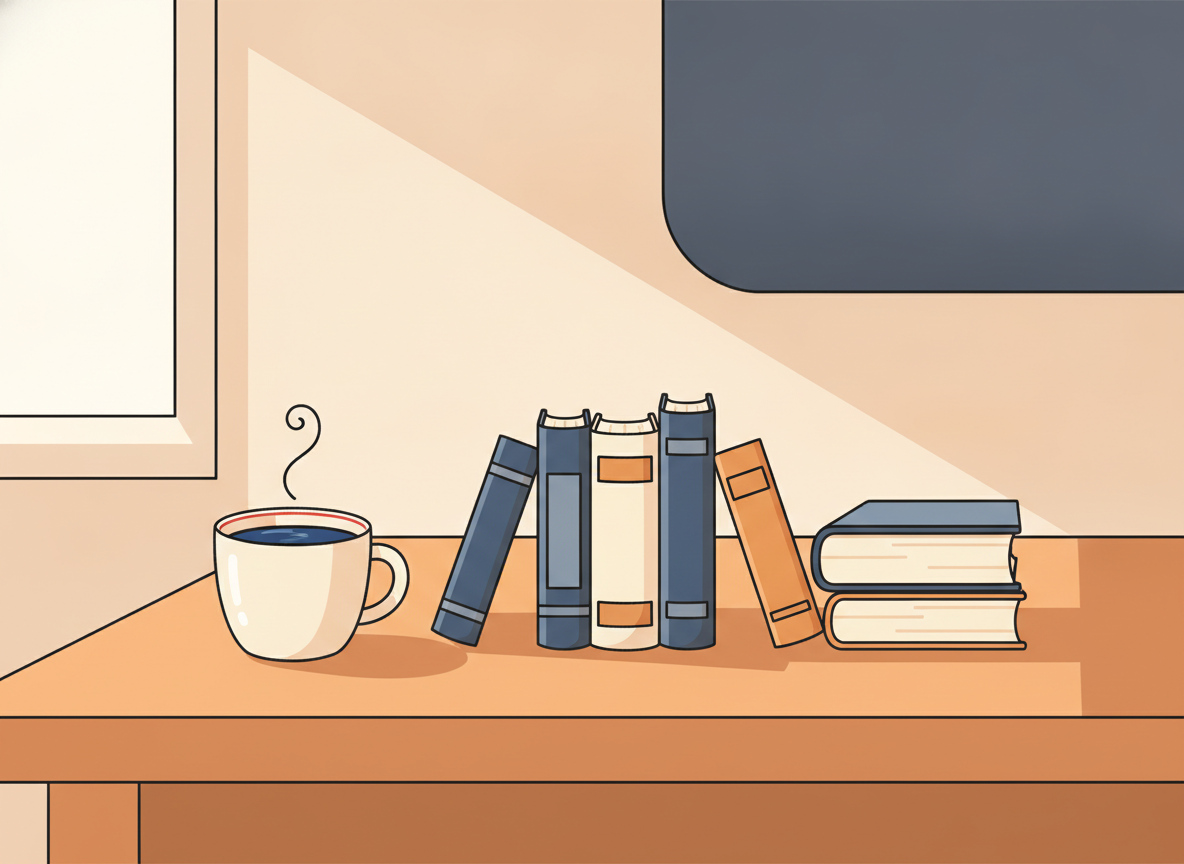 a wooden desk in morning light with a cup of coffee and five hardcover books arranged in a row