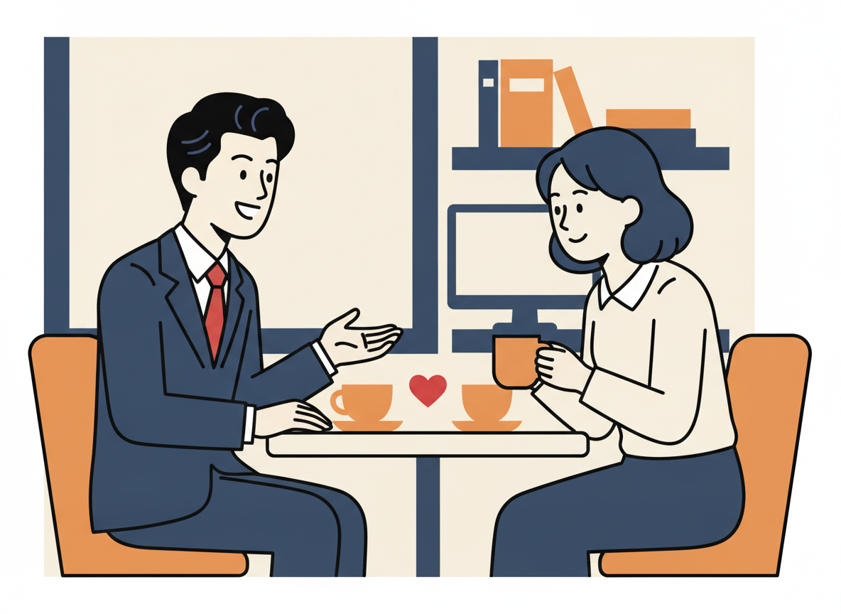 two people in a warm conversation at a coffee shop, abstract illustration style