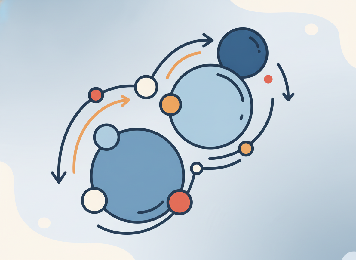 abstract circles connected by lines suggesting a network of giving and receiving, soft blue tones