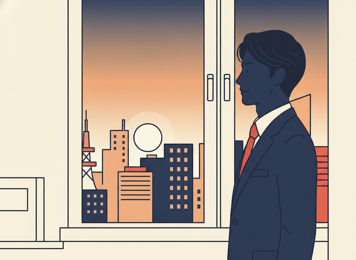 a person standing at a window looking out over a cityscape at dawn, silhouette style