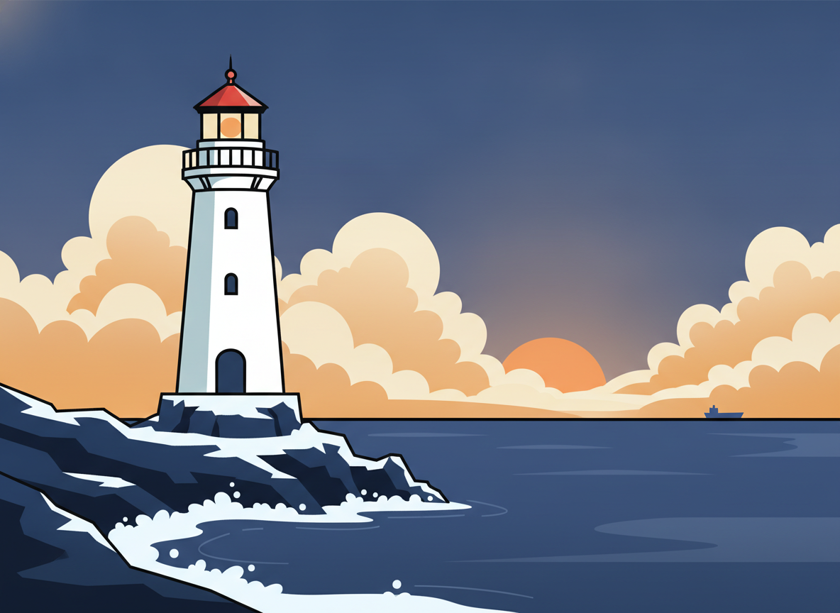 a single lighthouse standing alone on a rocky coast at twilight, wide angle