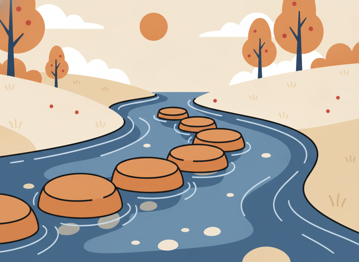 five stones arranged in a stepping stone path across a calm stream, natural setting