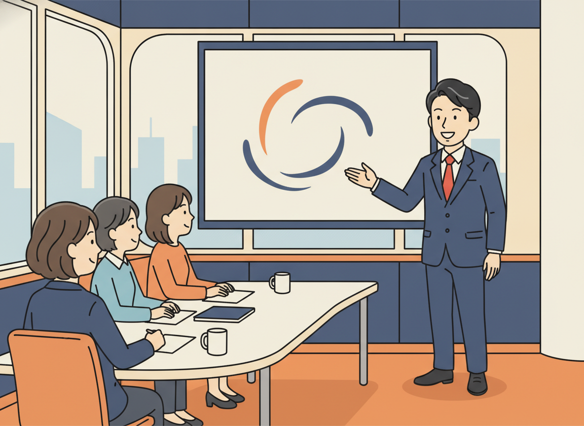 a person presenting to a small group in a bright meeting room, warm community atmosphere