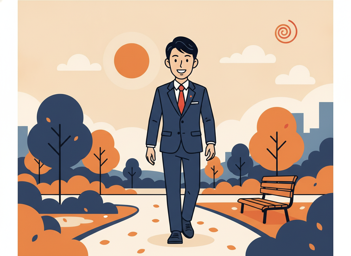 a person walking along a quiet path in a park during early morning, peaceful atmosphere
