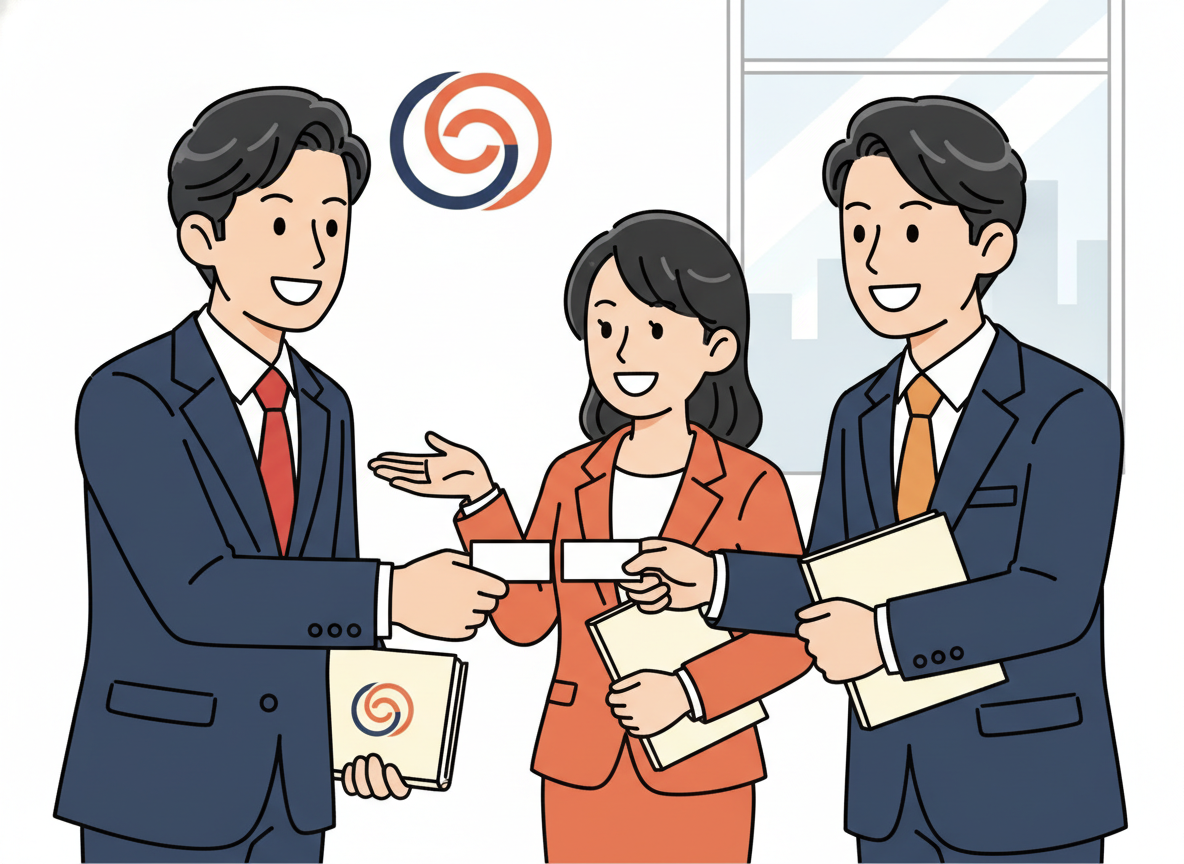 body image 16 – BNI東京でのミーティングイメージ。名刺交換と笑顔のビジネスパーソンたち