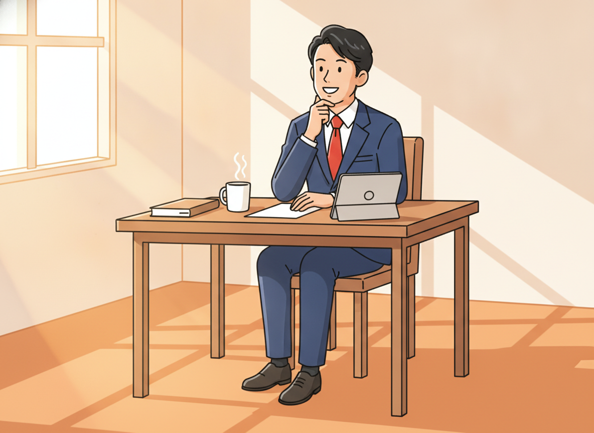 a person sitting at a wooden desk in morning light, looking thoughtful