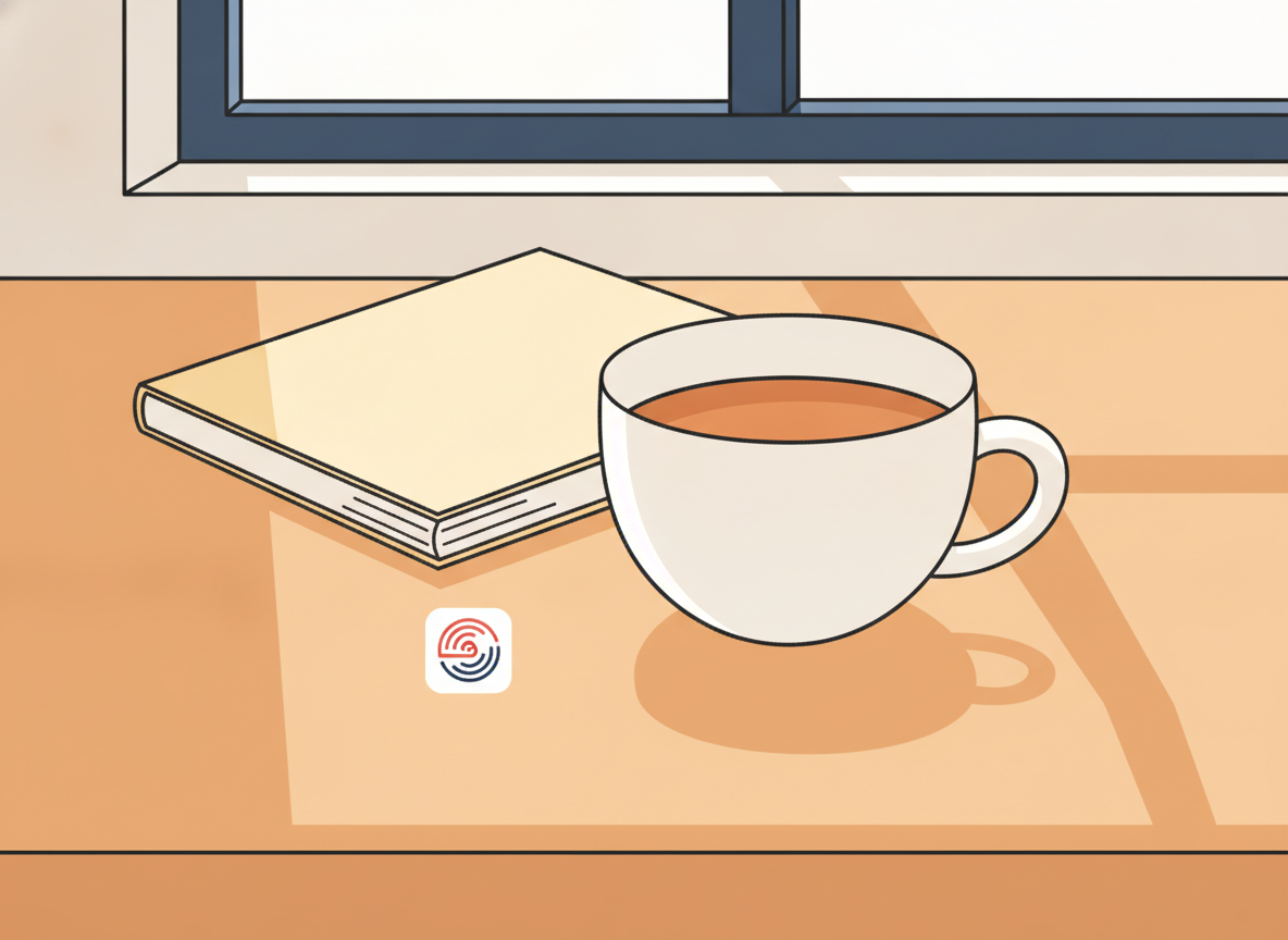 a calm wooden desk with a coffee cup and natural light, no text
