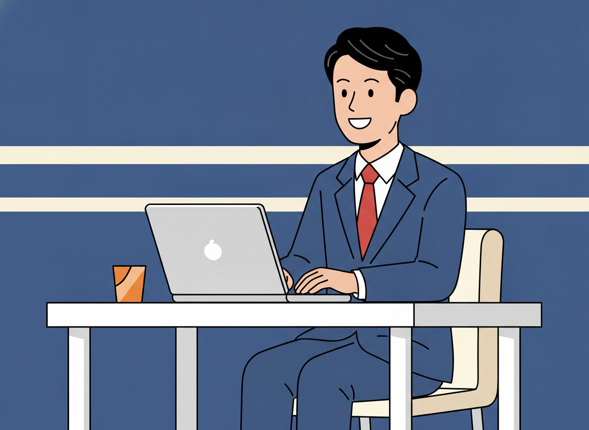 a person smiling at a laptop on a bright white desk