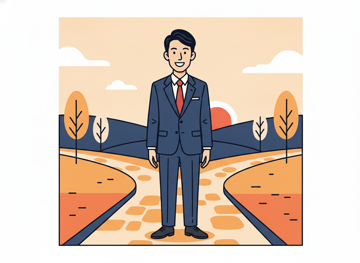 a person standing at a crossroads on a quiet morning path