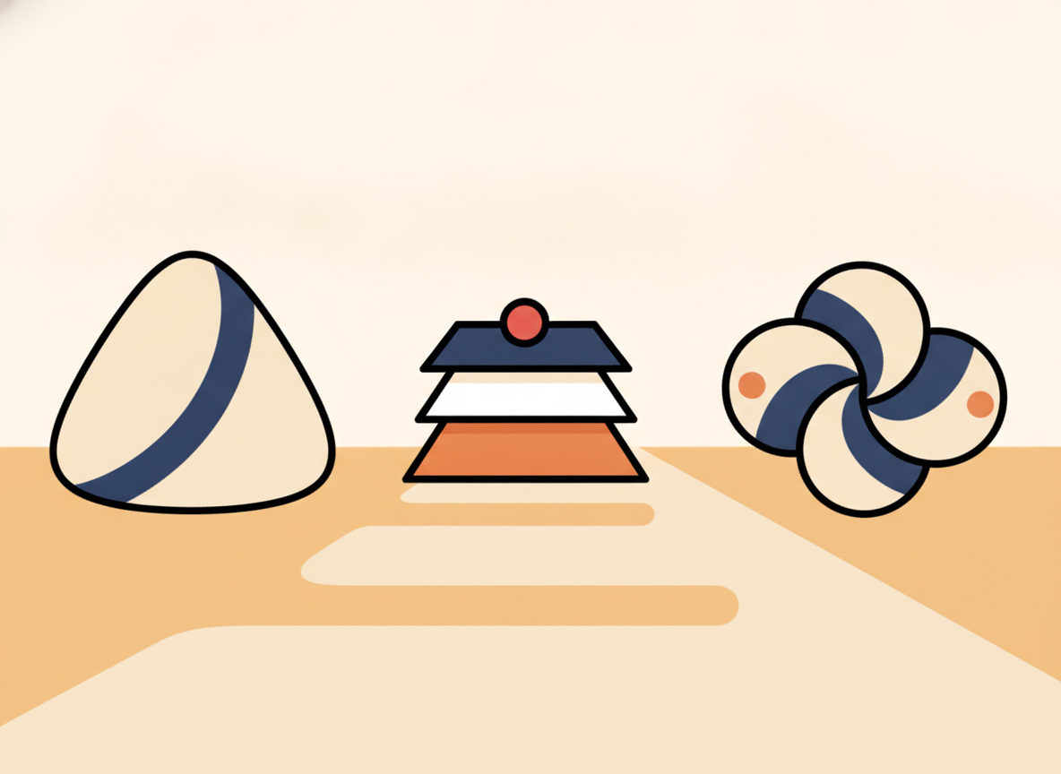 three abstract geometric shapes representing three options, soft colors