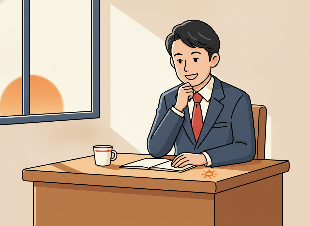 a person sitting quietly at a wooden desk in morning light, looking thoughtful