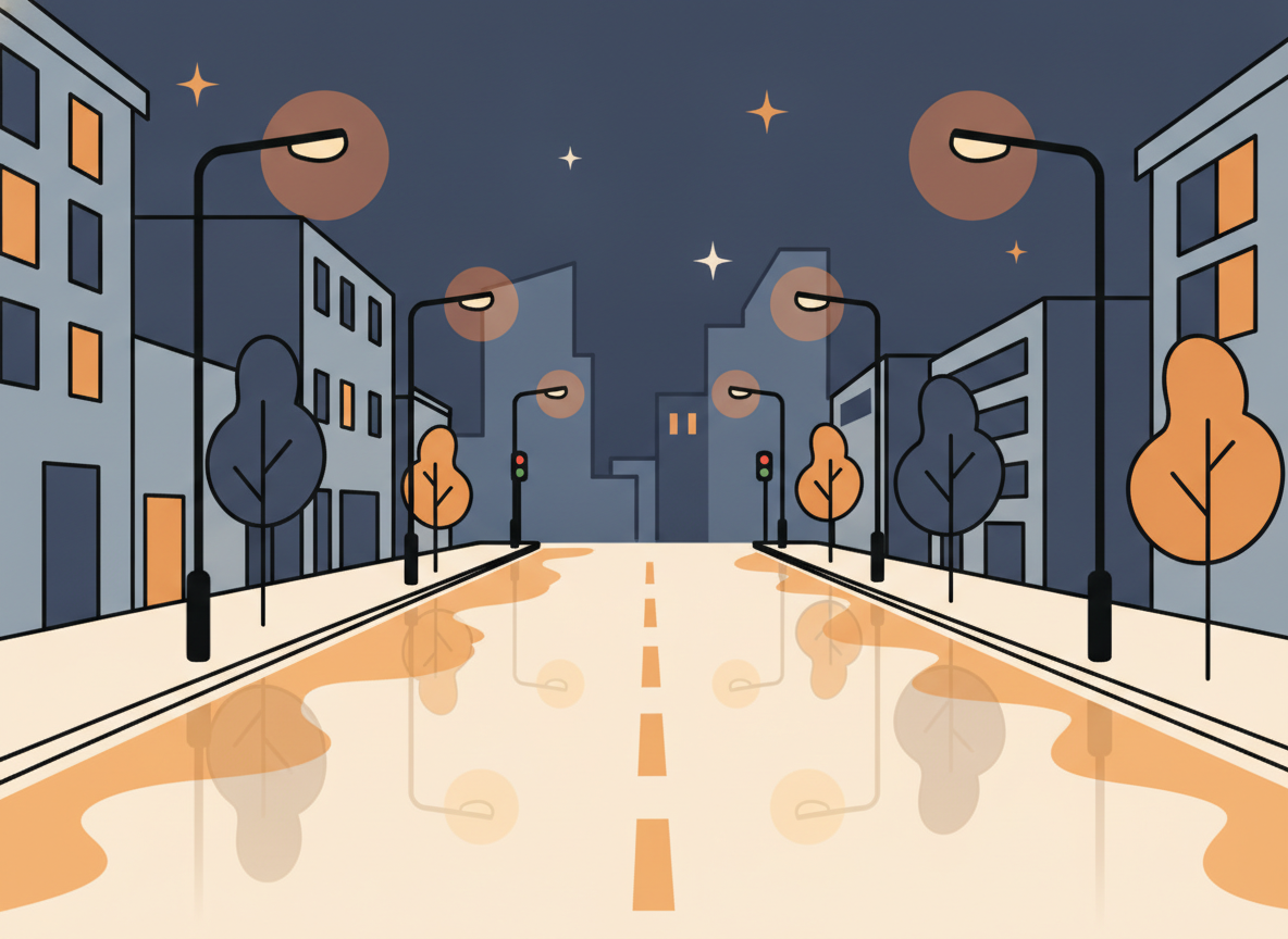 an empty city street at night with warm streetlights reflecting on wet pavement