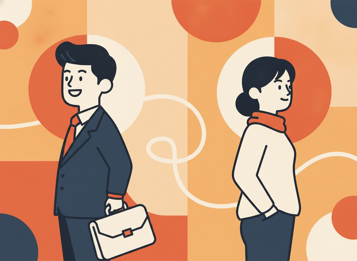 abstract illustration of two people facing opposite directions, warm tones