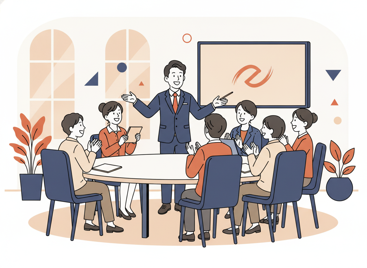 a warm gathering of people in a bright conference room, abstract style