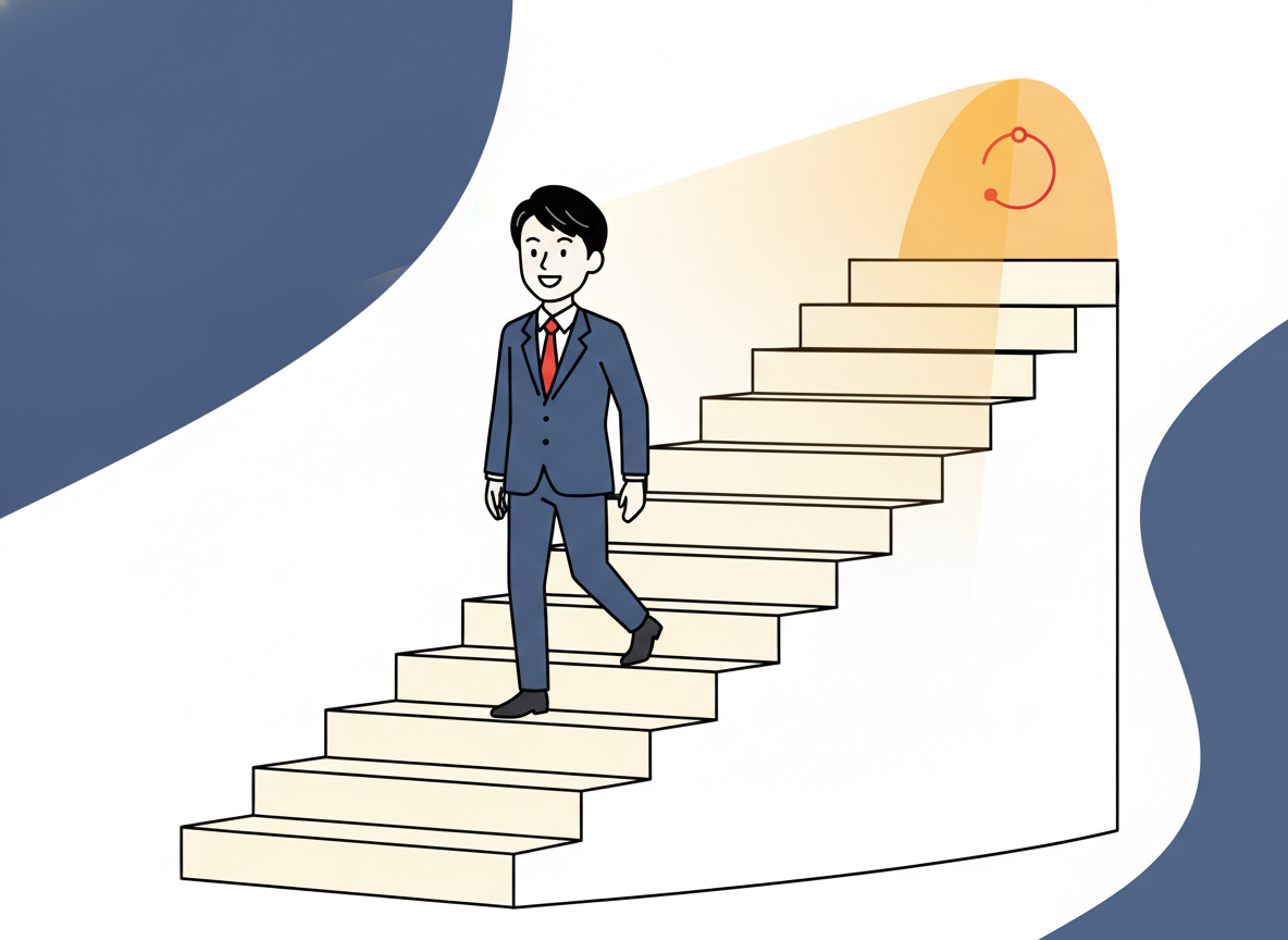 a gentle upward staircase with soft golden light at the top, minimalist style
