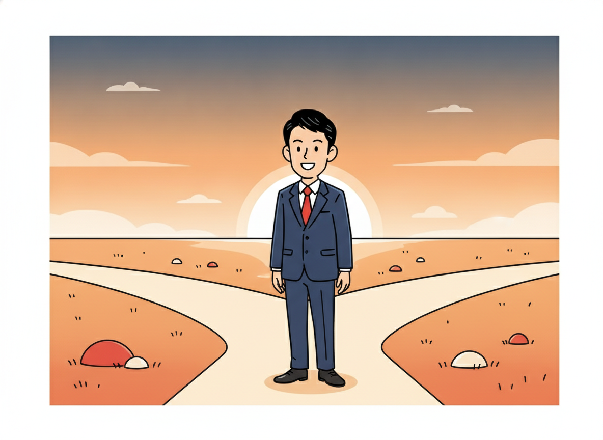 a solitary figure standing at a crossroads in an open field, dusk sky