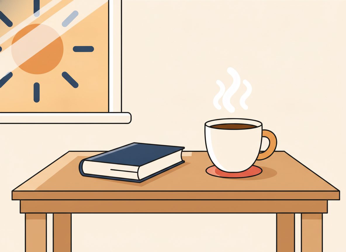 a simple wooden desk with a single book and a cup of coffee, morning atmosphere