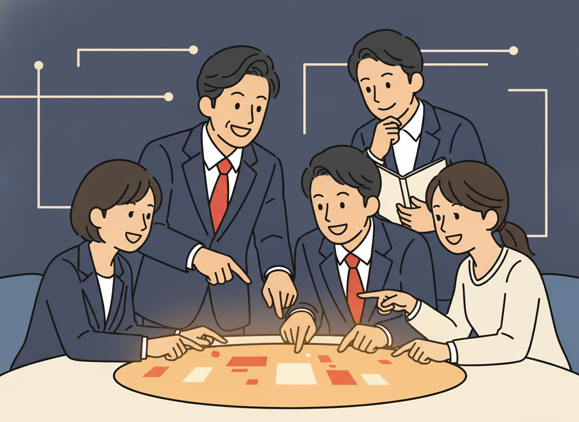 a group of people collaborating around a bright table, warm and energetic atmosphere