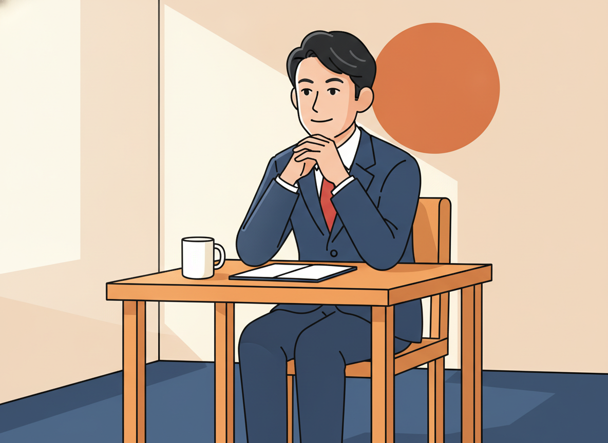 a calm person sitting at a desk with a thoughtful expression, soft indoor light