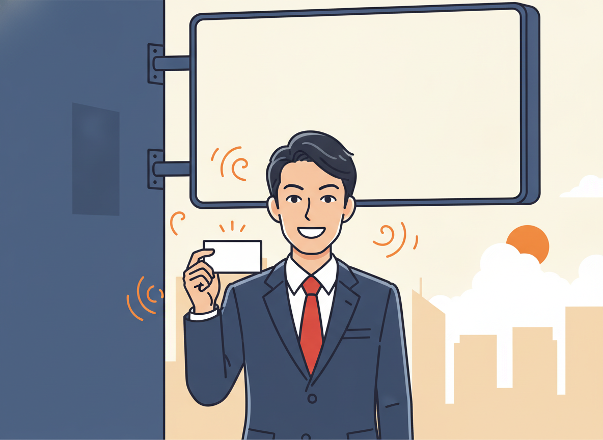 大企業の看板を外したら誰も知らなかった、というイメージ図(名刺から会社名が消えるビジュアル)