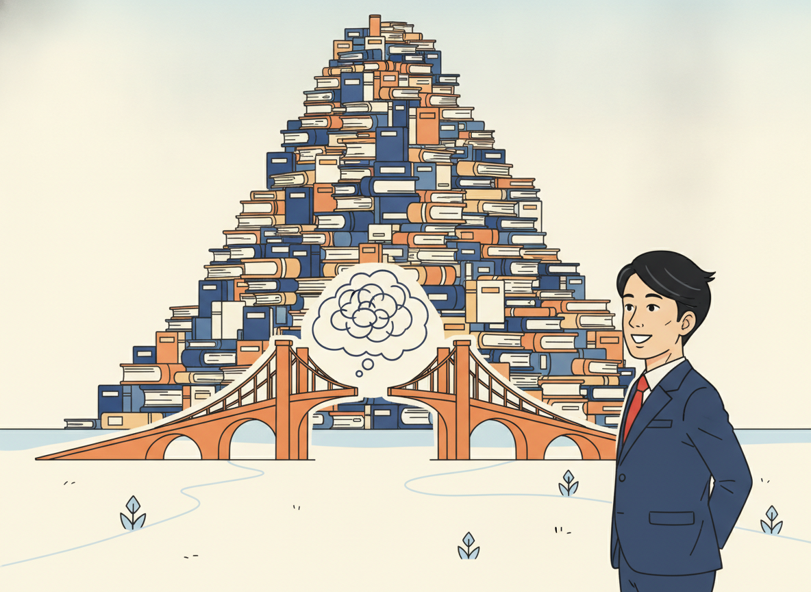 ノウハウの山があるのに、それを伝える橋がないイメージ図