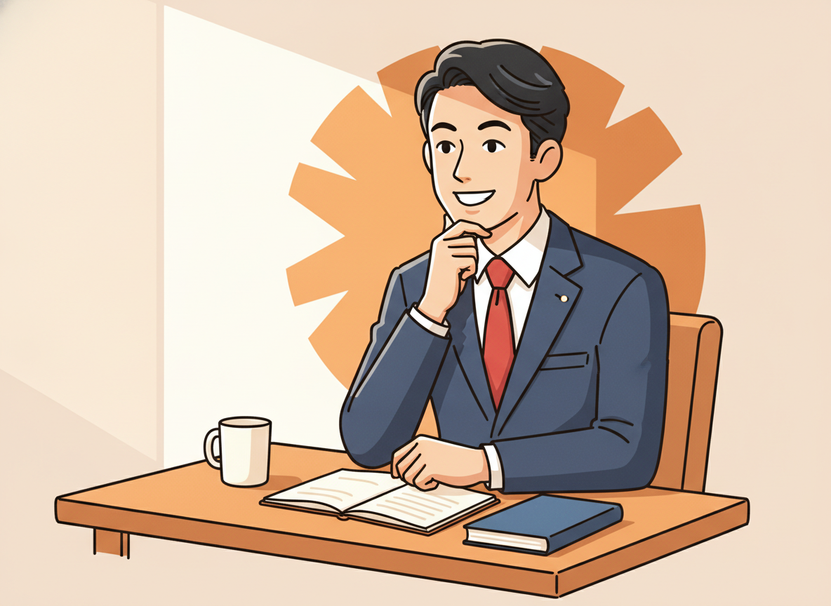 a focused person sitting at a wooden desk with warm morning light, looking thoughtful