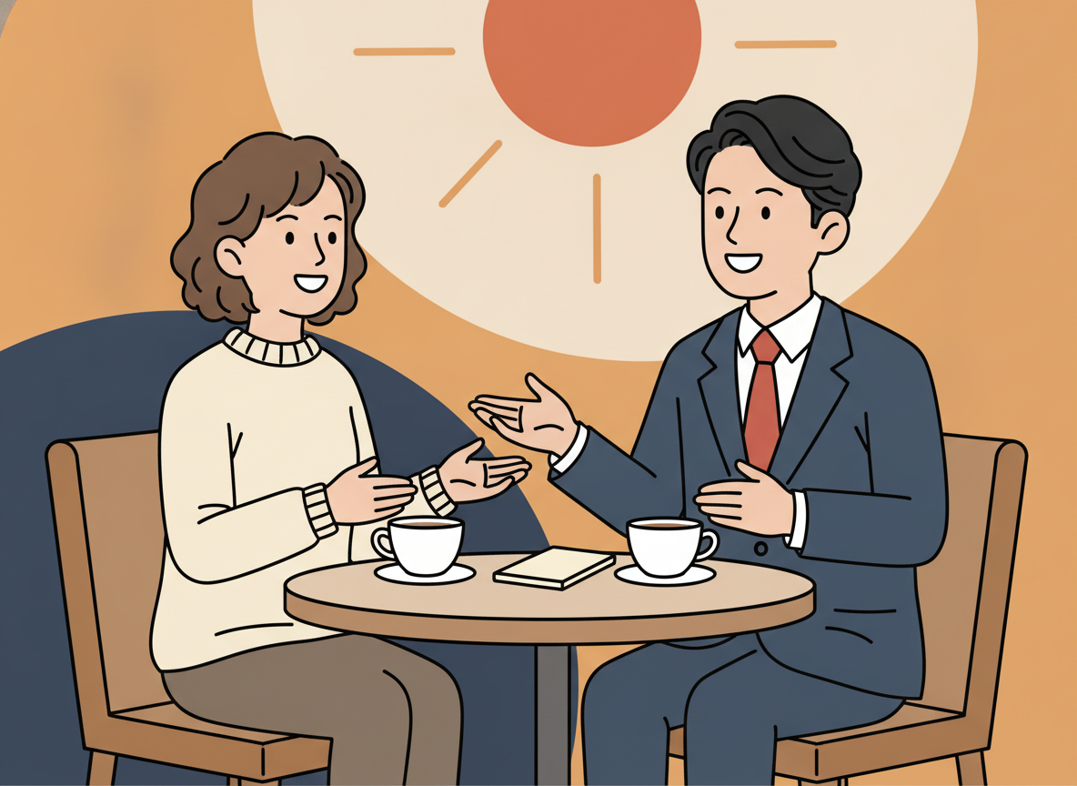 two people having a friendly conversation at a coffee shop, abstract warm tones