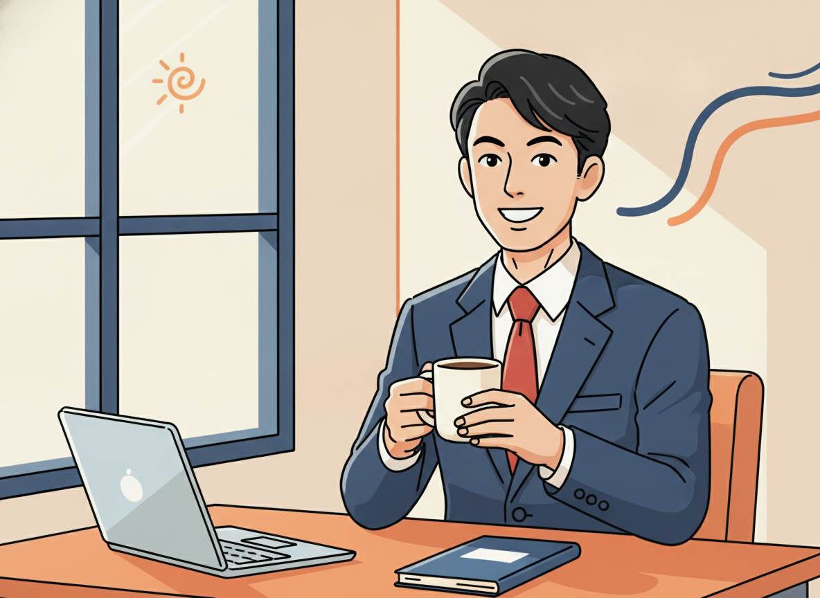 a person smiling at a desk with a coffee mug, natural light from a window
